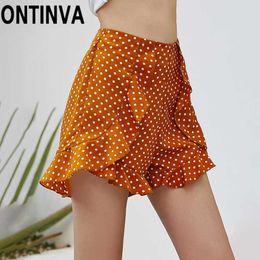 Bohemian Shorts Casual Women Ruffles Dots Printed Yellow Loose Draped Cute Zipper Beach Short Pants Girls Stylish Fashion 210527