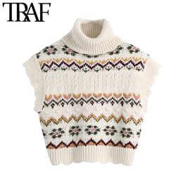 TRAF Women Fashion Jacquard Cropped Cable-Knit Vest Sweater Vintage High Neck Ruffled Armholes Female Waistcoat Mujer 210415