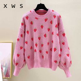 autumn winter Strawberry print women sweater pullover loose casual Lantern sleeve o neck kint jumper jersey mujer invierno 210604