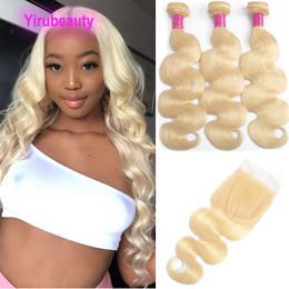 Indian Blonde 613# Three Bundles With 4 By 4 Lace Closure Four pcs 100% Human Virgin Hair Wefts 16-30inch