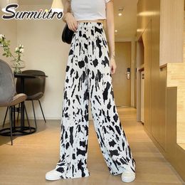 SURMIITRO Floor Length Wide Leg Baggy Long Pants Women Summer Korean Style White Cows Female High Waist Pleated Trousers 210712