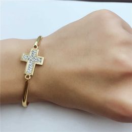 2020 High Grade Crystal Cross Stainless Steel Bracelet Titanium Cross Bangles for Women Bracelets Gold Color Men Jewelry Gifts Q0719