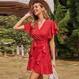 MUICHES V-Neck Ruffled Floral Dress Woman French Elegance High Waist Mini A-Line Dress Summer Holiday Country style 210715