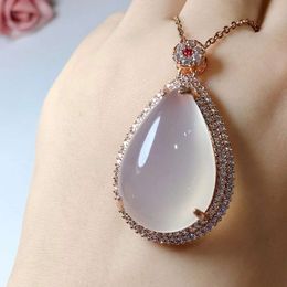 Fine Jewellery White Chalcedony Pendant Necklace with 925 Silver Inlaid Ice Seed Ladies Christmas Gift