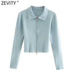 Women Fashion Solid Turn Down Collar Double Slider Zipper Knitting Sweater Femme Long Sleeve Chic Cardigan Coat Tops S486 210420