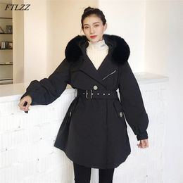 Winter Women Big Real Fur Collar Hooded Down Parkas with Belt 90% White Duck Coat Warm Snow Windbreaker Outwear 210430
