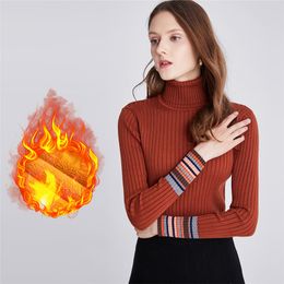 Winter Women's Sweater Korean Knitted High Neck Striped Sweate rTurtleneck Velvet Thicken Jumper Warm Long Sleeve Black Pullover 210428
