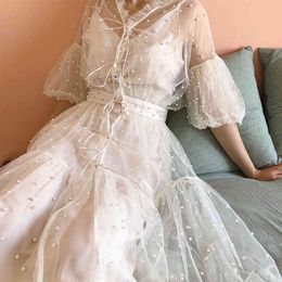 White V Neck Mesh Beading Pearl Half Sleeve Puff Midi Dress Lace Up Ruffle Mid Calf Summer Two Piece D0406 210514