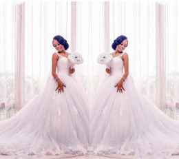 Lace African Ball Gown Wedding Dress Modern Sheer Straps Appliqued Plus Size Vestido De Novia Puffy Tulle Skirt Sweep Train Bridal Gowns Arabic Robes M41