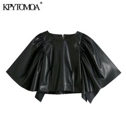 Women Fashion Faux Leather Cropped Blouses Short Sleeve Shoulder Pleats Back Zipper Female Shirts Chic Top 210420