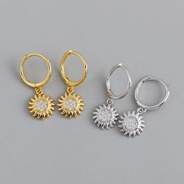 1Pair Diameter 11mm Piercing 925 Sterling Silver for Women 2020 Trend Jewelry Sun Flower Inlaid Zircon Pendant Earrings