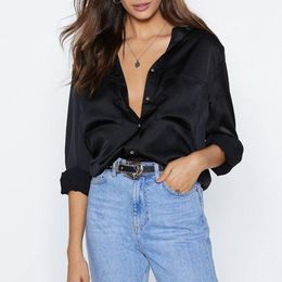Women Fashion Casual Turndown Collar Solid Button Chiffon Shirt Blouse Lady Long Sleeve Button Pocket Silk Shirt Blouse New 210419
