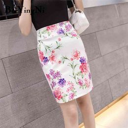 Women Pencil Skirt Split Slim Floral Printed OL High Waist Zipper Korean Elegant Retro Knee-length Skirts Bodycon Saia 210506