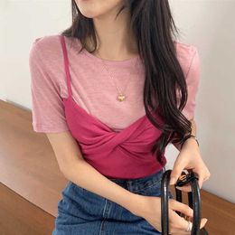 Tops & Tees Summer Fashion Clothing Thin Slim O Neck Short Sleeve Pink Tshirts Women + V-neck Twist Camisole Tops Sets Sweet 210610