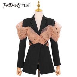 TWOTYLE Casual Hollow Out Blazer For Women Notched Long Sleeve Patchwork Mesh Hit Colour Blazers Female Fashion 211006