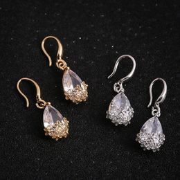 Women Lady Delicate Water Drop Shaped Ear Drops Crystal Earrings Drop Earrings Hollow Flower Pattern Design Gold/Silver Colour