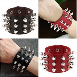 New Mainstream Rock Spiked Rivet Conical Stud Wide Leather Cuff Bracelet for Men and Women Punk Gothic Neutral Bracelet Jewellery Q0719