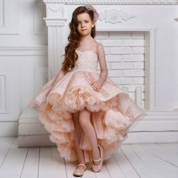 Sparkly Beaded High Low Girls Pageant Dresses Sheer Bateau Neck Sequined Flower Girl Dress Covered Buttons Back Tulle Long Sleeves First Communion Gowns