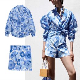ZA Blue Floral Print Summer Shirt Women Vintage Long Sleeve Asymmetric Blouse Woman Fashion Button Up Loose Tops Mujer 210602