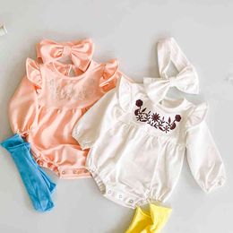 born Girls Lovely Embroidery Jumpsuits Clothes Baby Knit Rompers + Hair Band Knitted Long Sleeve Children 210429