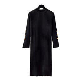 black knitted o neck long sleeve knee length dress autumn solid split button D1704 210514