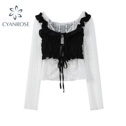 Summer Sexy Women's Blouse White Hollow Out Mesh Black Ruffle Lace Up Draped Vest Vintage Casual Korean Shirt Female 210515