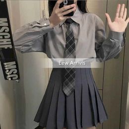 Women's shirt Autumn JK Smoky Gray Blouse Kanto Lapel Sapporo Solid Color Shirt Basic Top Long Sleeve All-match 210526