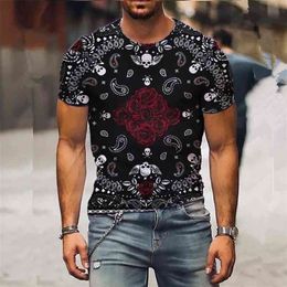 Summer Mens Oversized Vintage Short Sleeve T Shirts Fashion Harajuku Skull Print O Collared Ethnic Tshirts Camisa Hombre 210706