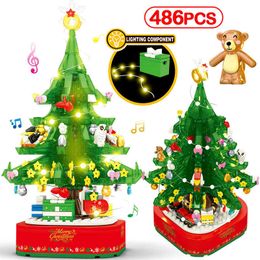 LED Light Rotating Music Box Christmas Tree Building Blocks DIY Friends Santa Claus Shining Xmas Bricks Toys For Children Grils X0902