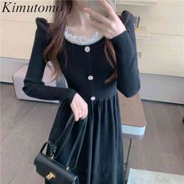 Kimutomo Knitted Dress Women Autumn Winter Simple French Style Retro Female Square Collar Lace Long Sleeve Vestidos Fashion 210521