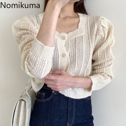 Nomikuma Hollow Out Single Breasted Cardigan Women Solid Colour Long Sleeve Knitwear Korean Chic Vintage Sweater Female 3d593 210514