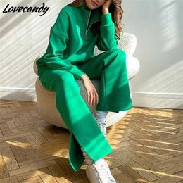 Women Fashion Solid Tracksuit 2 Piece Set Autumn Female Loose Casual Turn-down Collar Pullover Top And Pants Suit Sports Outfit 211126