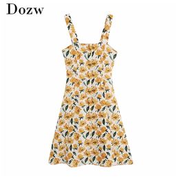 Boho Style Floral Midi Dress Women Sexy Spaghetti Strap Beach Single Breasted Backless Party Sundresses Robe 210515