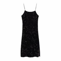 Sexy Woman Black Slim Sequined Thick Spaghetti Strap Dress Fashion Spring Backless Elasticity Female Party 210515