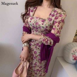 Vintage Square Collar Print Elegant Women Dress Puff Sleeve Summer Woman Bodycon Lace Up Floral es Robes 13882 210512