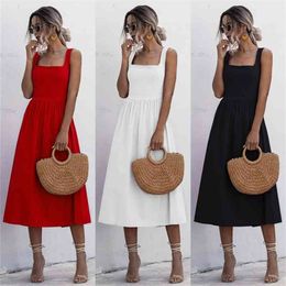 Women Long Dress Pleated Spaghetti Strap Clothes Sexy Backless Casual Summer Ruched Slip Midi Sundresses Ladies White Black 210407