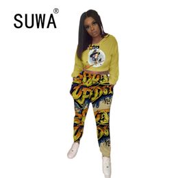 Trendy Chic Printed Loungewear Women 2 Pieces Matching Sets Long Sleeve Loose BF Style Sweatshirt Top Vintage Casual Trousers 210525