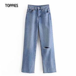 Fashion Overlength Jeans Ripped Knee Hole Women High Waist Straight Pants Casual Trousers 210421