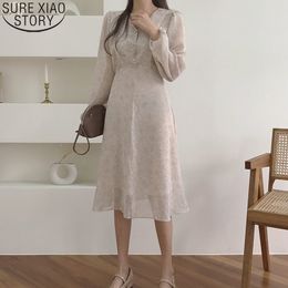 Fall Fashion Korean Dot Chiffon Womem Elegant High Waist V-neck Button Dress Midi Long Dresses Vestido Feminino 12292 210417