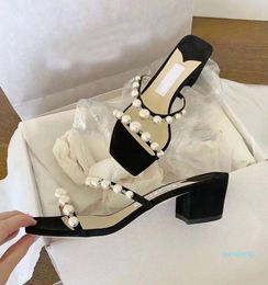 Luxurious Design Amara Women Sandal Pearl Strap Slippers Chunky Heels Mule Square Toe Lady Summer Pumps Dress Party Wedding EU35-43.y665