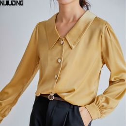 Blouses for Women's Autumn Yellow Peter Pan Collar Long Sleeve Solid Single-breasted Chiffion Shirts Female 210514