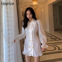 Neploe Loose Large Size Temperament Dress Women High Waist Hip A Line Knee Length Vestidos Double Breast Design Long Sleeve Robe 210423