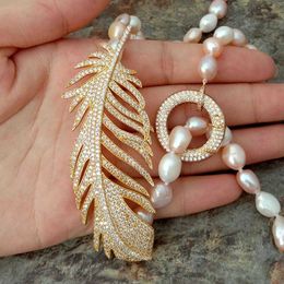 37'' Multi Colour Baroque Pearl long Necklace sweater chain necklace CZ pave gold Colour plated leaf Connector