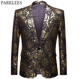 Gold Rose Bronzing One Button Blazer Jacket Men Slim Fit Wedding Party Tuxedo Suit Blazer Male Club Stage Clothers for Singers 210522