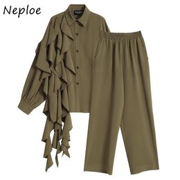 Neploe Loose Causal Solid 2 Pcs Women Set Turn Down Collar Long Sleeve Ruffles Shirt + High Waist Hip Wide Leg Pants Suit Spring 210423