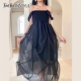 Black Patchwork Mesh Sling Dress For Women Square Collar Sleeveless High Waist Maxi Dresses Female Summer 210520