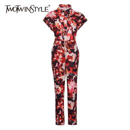 Print Loose Jumpsuit For Women Lapel Short Sleeve High Waist Hit Color Casual Jumpsuits Female Fashion Clothes 210521