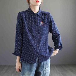 Johnature Spring Polka Dot Cotton Turn-down Collar Embroidery Blouses Casual Loose Tops Women Mori Girls Shirts 210521