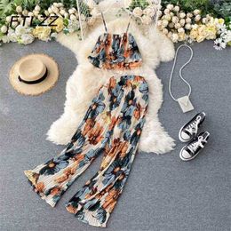 Summer Bohemian Pleats Two Piece Sets Women Sexy Spaghetti Strap Camisole Tops and Straight Pants Outfits Ladies Suits 210525