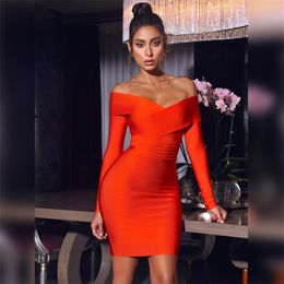 Women Sexy Designer Celebrity Orange Bandage Dress Ladies Elegant Off the Shoulder Evening Bodycon Party Vestido 210527